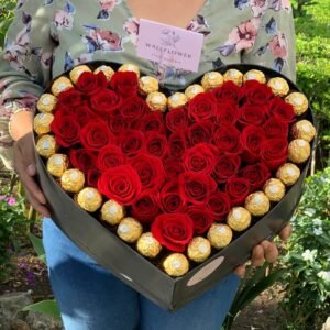 Arreglo con 48 rosas y 32 chocolates Ferrero